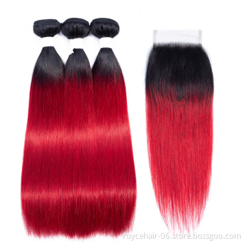 Royce Unprocessed Virgin Human hair bundles with Closure  Ombre Color hair bundles 1B Red